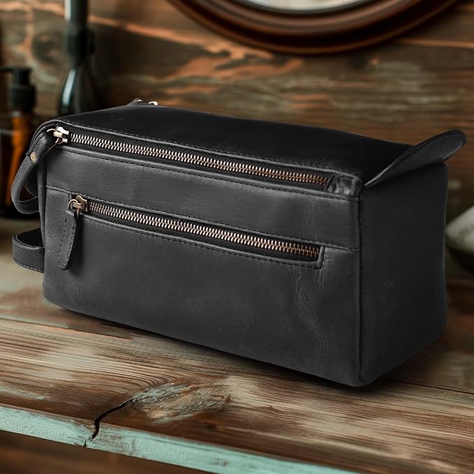 LEATHER VILLAGE Premium Leather Travel Toiletry Bag - Water-Resistant Dopp Kit for Toiletries, Large Shaving Bag & Bathroom Organizer - Gift for Men & Women - Distressed Black