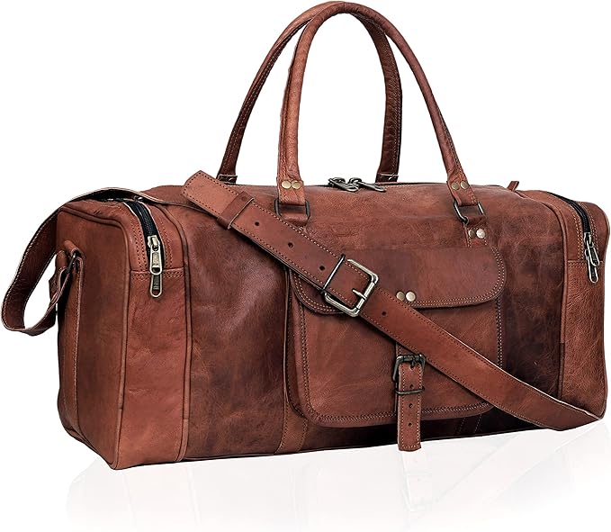 24 Inch Large Leather Duffel Travel Duffle Gym Sports Overnight Weekender Bag (brown)