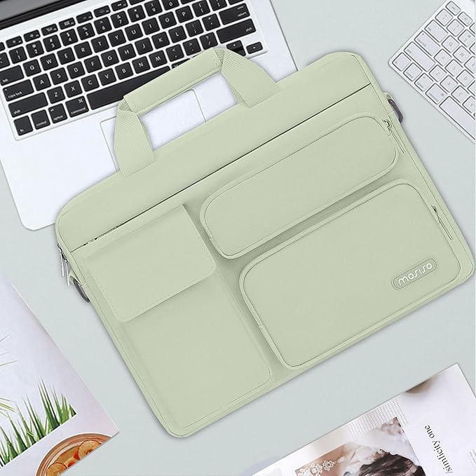 MOSISO Laptop Shoulder Bag 15.6 inch, 15-15.6 inch Computer Bag Compatible with MacBook Pro 16 inch, HP, Dell, Lenovo, Notebook with 2 Raised&1 Flapover&1 Horizontal Pocket&Handle&Belt, Sage Green