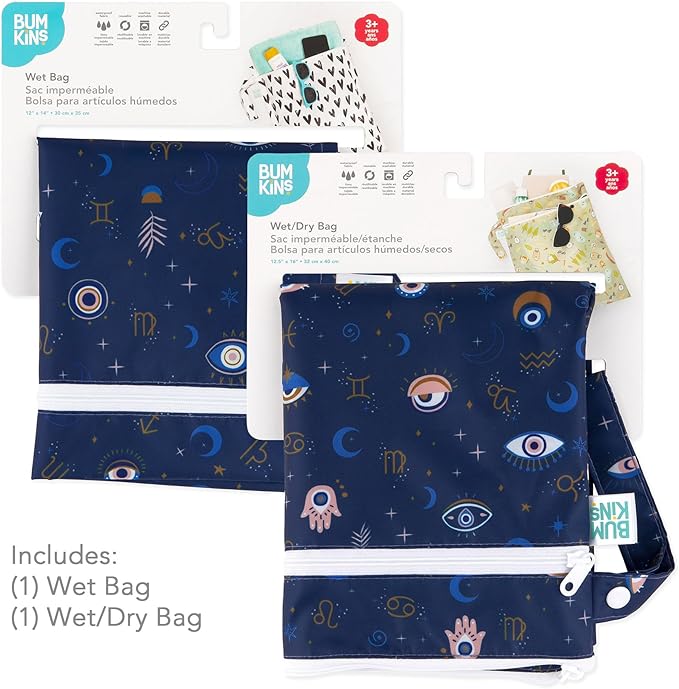 Bumkins - Waterproof Wet and Wetdry Bags - For Beach, Baby, Travel, Swim Suit, Cloth Diapers, Pump Parts, Pool, Gym, Toiletries - Reusable & Easy to Clean - Evil Eye - 2 Pack