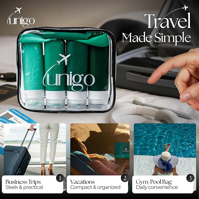 unigo Travel Bottles For Toiletries, TSA Approved Containers, Travel Size Toiletries, Shampoo and Conditioner Bottles, Leak Proof and Refillable Bottles, BPA Free, Extra Bottle Covers (Green)