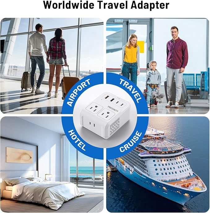 2000W Universal Travel Adapter, International Power Adapter with 3 AC Sockets, 2 USB-A & 2 USB-C (PD 20W) Ports, Worldwide Travel Essentials, European Travel Plug Adapter for UK/EU/AU