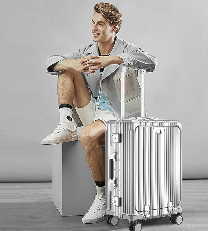 feilario 20in Aluminium Frame Zipperless PC Hard Shell Spinner Wheels Luggage, Built-In TSA lock Carry on Suitcase, with Cup Holder, USB Port, Phone Holder
