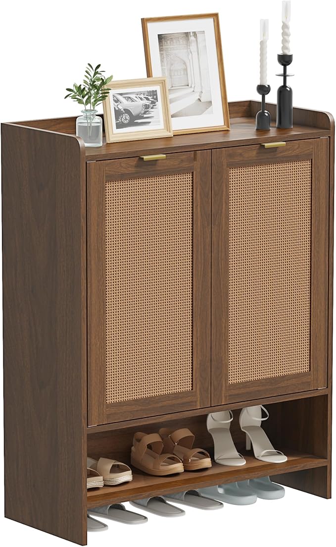 EROMMY Rattan Shoe Storage Cabinet with Doors- 5 Tier Farmhouse Boho, Tall Wooden Storage Rack with 3 Adjustable Shelves, Shoes Rack Organizer Cabinet for Entryway Hallway Closet