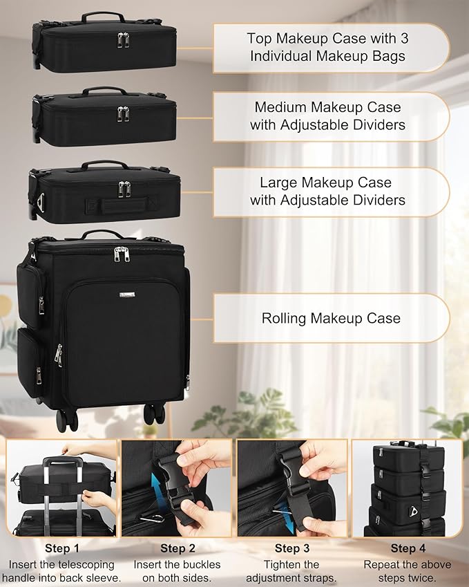 Relavel Rolling Makeup Case, 4 in 1 Hairstylist Traveling Bag Cosmetology Case on Wheels Large Hair Tools Cosmetics Train Case Makeup Artist Organizer (black with 4 additional small bags, Extra Large)