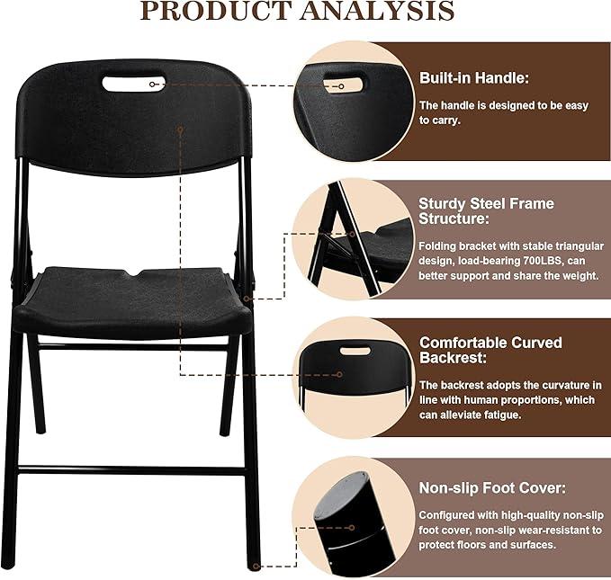 6 Pack Folding Chair, 700 lb Weight Capacity,Indoor/Outdoor Heavy Duty Foldable Chairs for Restaurants, Kitchens, Picnics, Races, Parties & Weddings. (6, Black)
