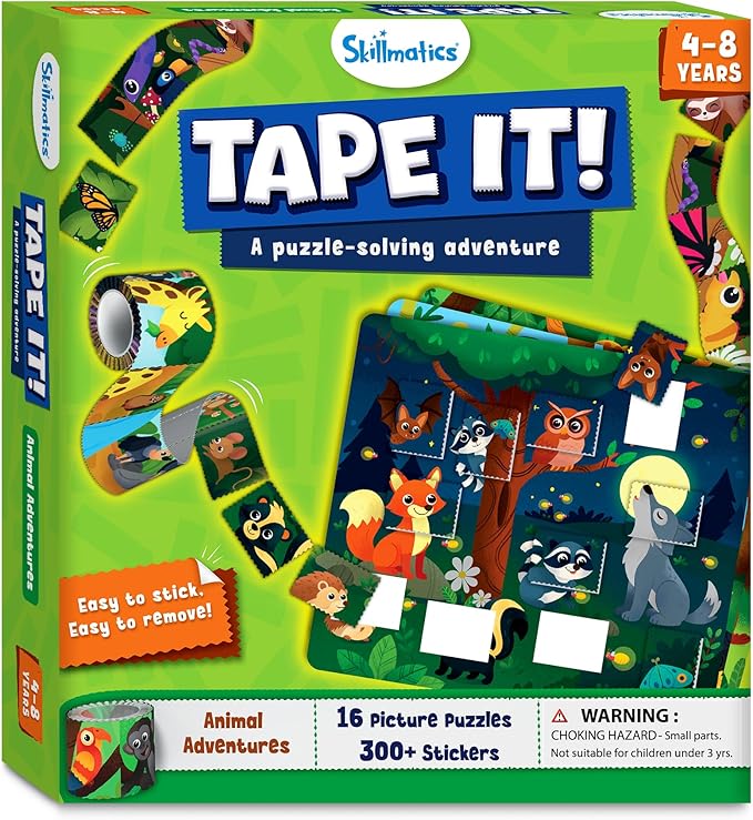 Skillmatics Puzzle Activity - Tape It Animal Sticker Puzzles, 300+ Easy-Tear Stickers, Reusable Art & Craft Kit, Educational Fine Motor Skills & Travel Toy, Gift for Kids Ages 4, 5, 6, 7, 8