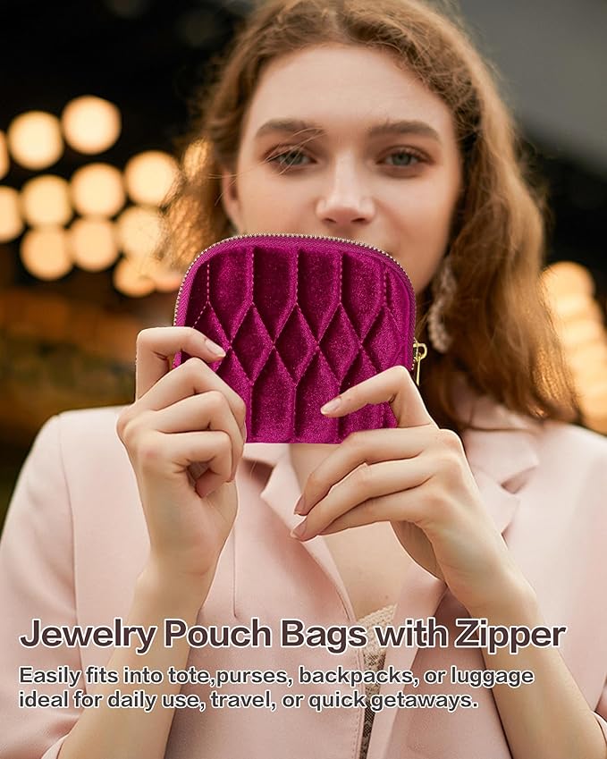 Small Travel Jewelry Case, Mini Travel Jewelry Bag with Zipper, 5-Layer Velvet Organizer Pouch for Bracelet Rings Earrings - Diamond Stitched Velvet Teal Blue