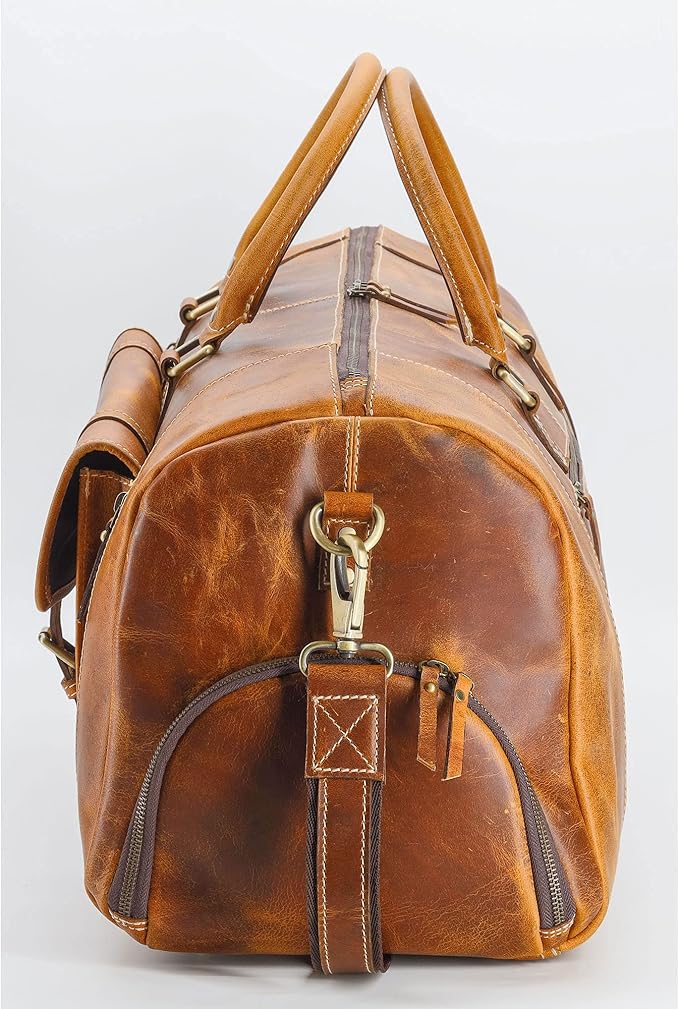 KomalC Leather Duffle Bags for Men and Women Travel Overnight Weekend sports bag holdall Gym Duffel for Men (Distressed Tan, 28 Inch)