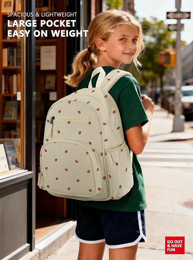 Corduroy Kids Backpack for Girls, Girls Backpack 5-9, Kindergarten Elementary School Bookbag for Girl 15.3" H Fit Folder