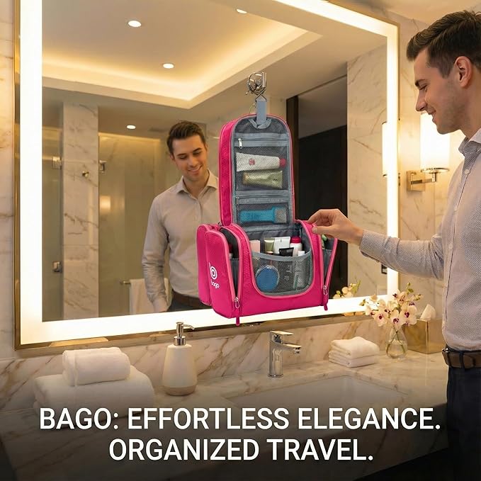 Bago Travel Toiletry Bag for Women and Men - Large Waterproof Hanging Large Toiletry Bag for Bathroom and Travelling Bag for Toiletries Organizer - Travel Makeup Bag (Pink)