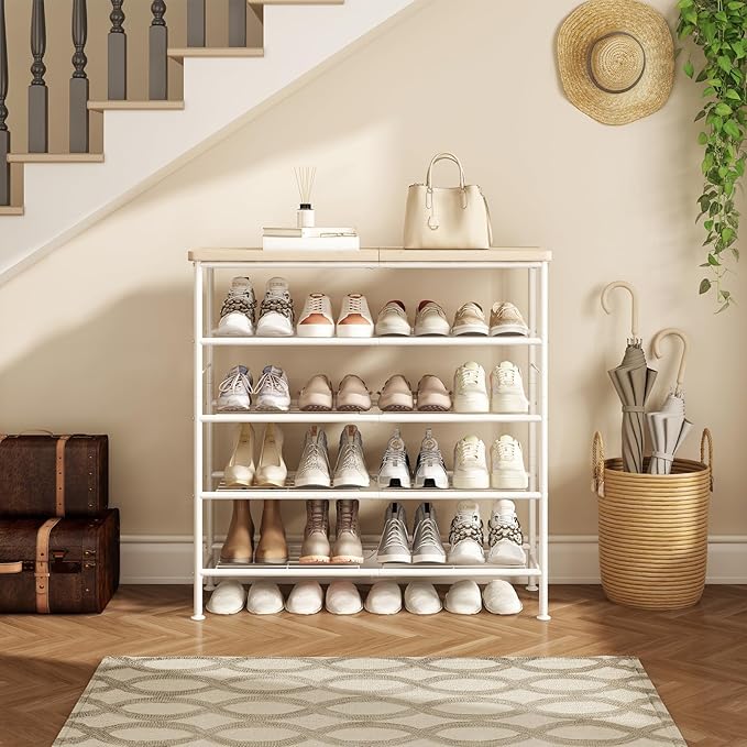 SUOERNUO Shoe Rack Organizer 5 Tier for Closet Entryway Free Standing Metal Storage Shoe Shelf with MDF Top Board,White+Oak