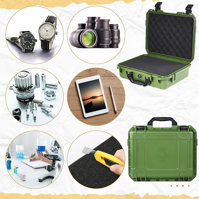 1 Pcs 14.3 x 11.4 x 4.5 Inch Waterproof Hard Case with DIY Customizable Foam Insert Portable Protective Case with Knife for Camera Drones Equipments Tools Test Instruments (Green)