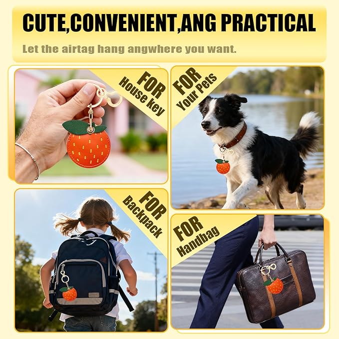 Leather Keychain for Airtag, Cute Protective Keychain Holder Compatible with Apple Air Tag,GPS Item Tracker Case Cover for Keys,Bags,Pets,Luggage(Orange)