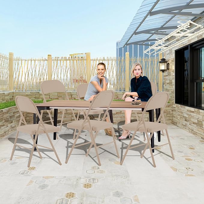 4 Pack Khaki Folding Chairs with Padded Cushion and Back, Portable Duty Metal Frame Commercial Seat, Foldable Indoor Outdoor Chairs for Office Party Events Kitchen Dinning Wedding, 330-LBS Capacity