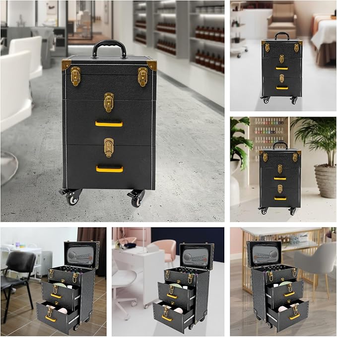 Rolling Makeup Case w/ 2 Keys, 3-tier Lockable Makeup Train Case w/ Drawers, Removable Baffle Nail Polish Organizer, Travel Cosmetic Case w/ 17.7in Telescopic Rod, 14.2*9*19.3in, Bronze Latch+Black