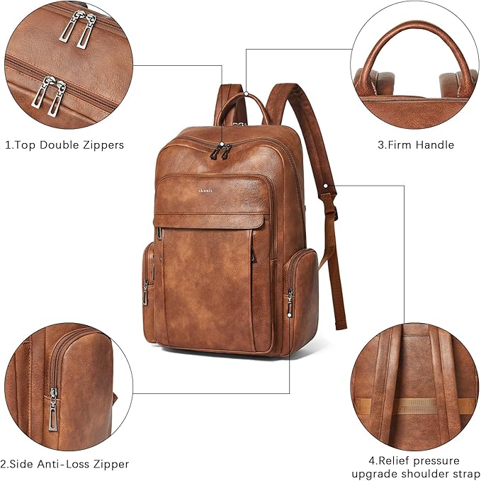 Shrrie Leather Laptop Backpack for Women with 17 inch Vegan Leather Computer Backpack Purse for Travel College Work