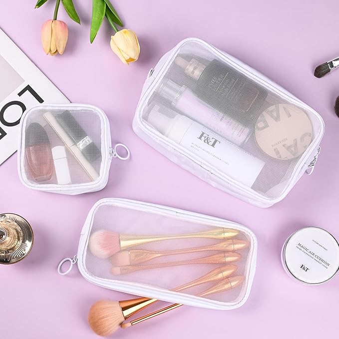 8 Pcs Mesh Makeup Bag Nylon Zipper Pouch Clear Small Mesh Bags Travel Toiletry Bag Makeup Brush Holder Purse Organizer Pouches (White, Small, Large, Medium)