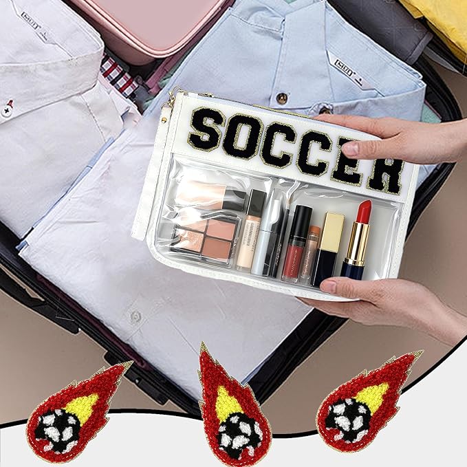 2 Pcs Football Gifts Makeup Bag with Chenille Letter Patch,with Handles football PVC Waterproof Clear Makeup Bag,Portable Toiletry Storage Bag,Players & Fans Birthday, Team or Sports Lover Presents