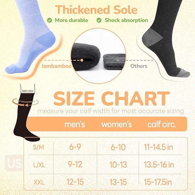 Merino Wool Compression Socks for Women Men, 15-20 mmHg Knee High Socks for Flying, Travel, Running