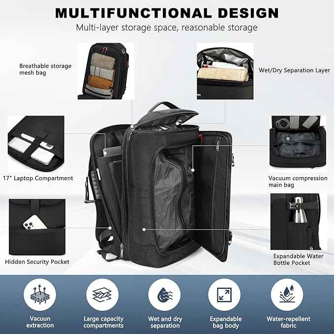 Vacuum Backpack Travel, Vacuum Seal Compression Travel Backpack with Pump, Laptop Compartment, 60L Expandable Water Resistant Business Carry-On Backpack Vacuum Gifts for Travel/College/Camping