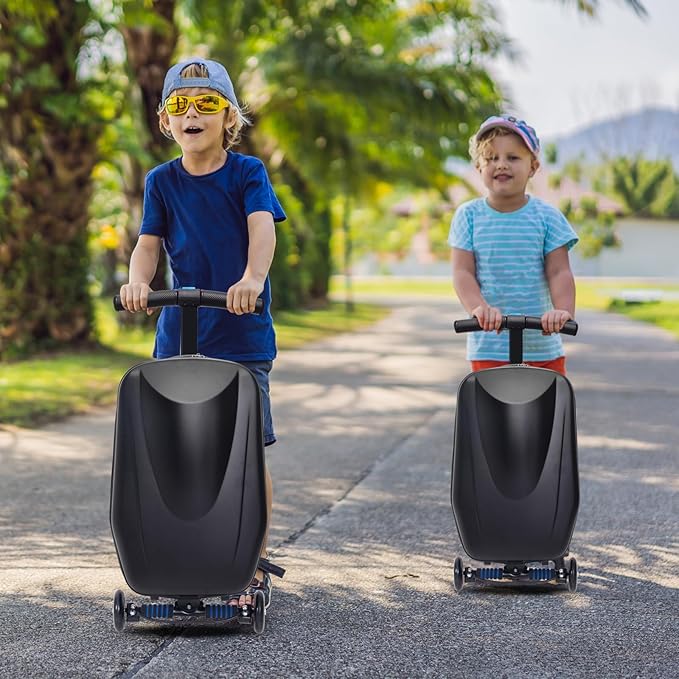 Apelila 20" Scooter Suitcase for Kids, 2-in-1 Ride On Luggage with Wheels for Boys & Girls Ages 4-15, Foldable Hardshell Carry On Lightweight Travel Suitcase for Airplane (Black)