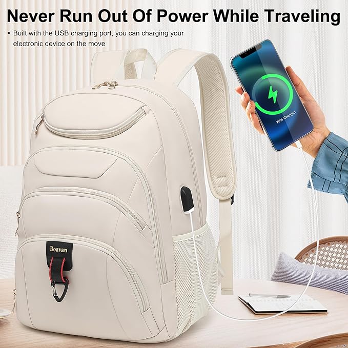 Boavan Laptop Backpack for women,15.6 inch Laptop Bag with USB Port, Waterproof Travel Work Backpack Purse, Anti-Theft Teacher Nurse Doctor Casual Bookbags Office Business backpack,Cream Beige