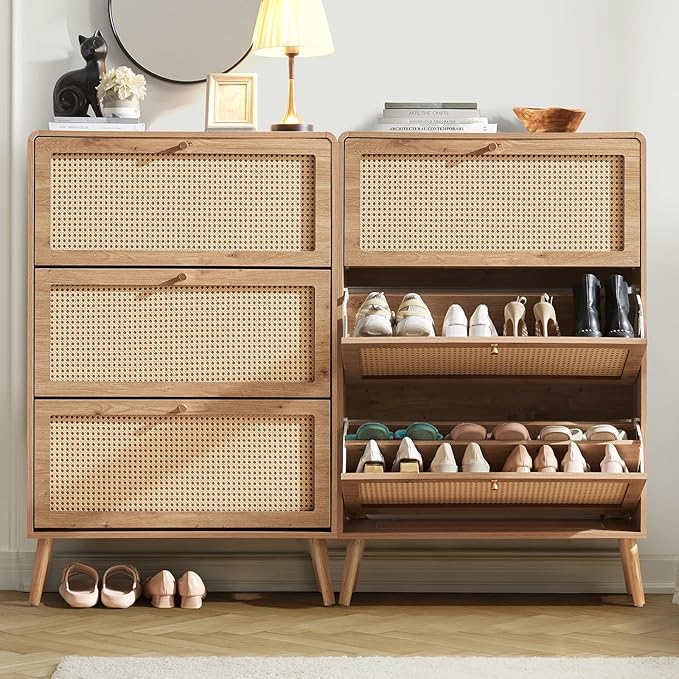 Rattan Shoe Cabinet with 3 Flip Drawers, 48 Pairs Narrow Shoe Storage Cabinet for Entryway Freestanding Hidden Shoe Rack, Modern Slim Wood Shoe Organizer for Hallway, Natural