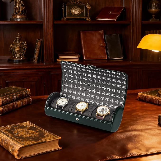 DUKWIN Watch Roll for 3 Watches,Vegan Leather Travel Watch Case Organizer with Removable Pillows for Men and Women,Display Case for Watches Collection & Gift for Anniversary Birthday(Green Storag Box)