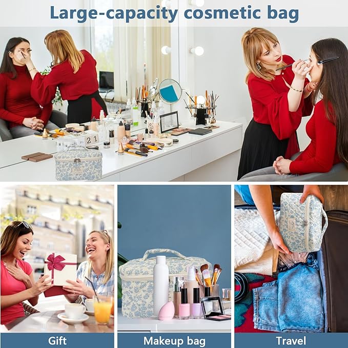 1pc Large Makeup Bag, Cute Cosmetic Bag for Women Girls, Floral Coquette Aesthetic Toiletry Bag, Travel Make Up Organizer Bag (Blue Plaid Bow)