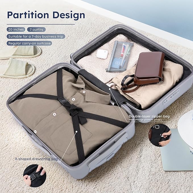 20-inch Carry On Luggage Airline Approved - PC+ABS Lightweight Suitcase with Built-in TSA Lock,Hard-shell Durable Rolling Luggage with USB Port