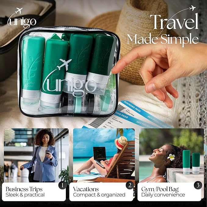 unigo 30pack Full Set TSA Approved Travel Bottles for toiletries, Travel Size Containers for Toiletries, Refillable Leakproof Shampoo and Conditioner Bottles, Toiletry Containers (Green)