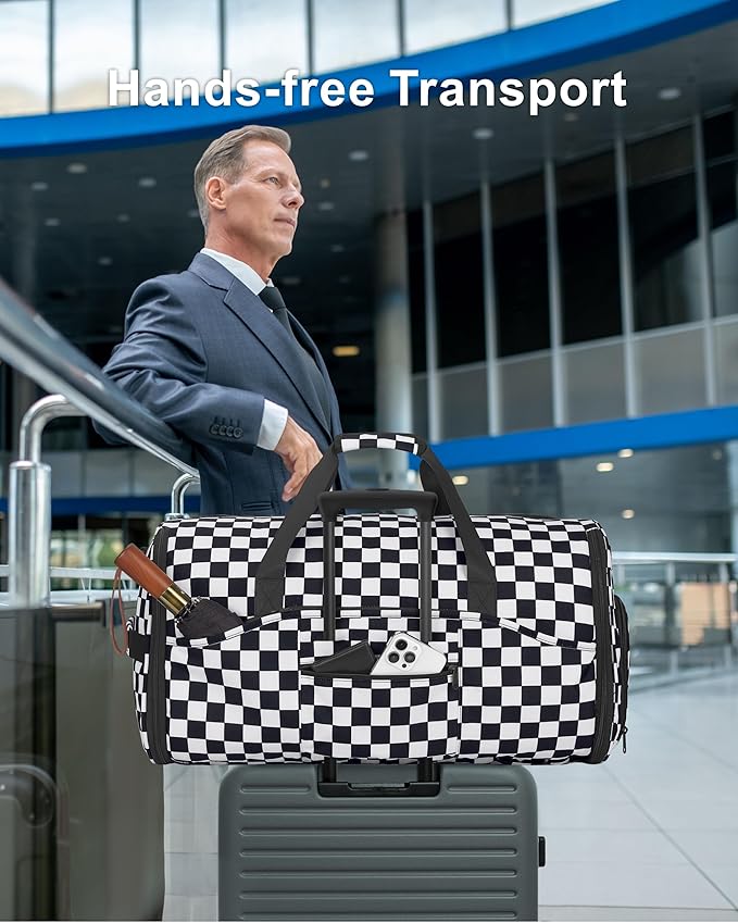 NPBAG Convertible Garment Duffle Bags for Travel - Carry on Garment Bag, Suit Bag for Men & Women, 3 in 1 Foldable Travel Duffle Backpack with Shoulder Strap (Checkerboard)