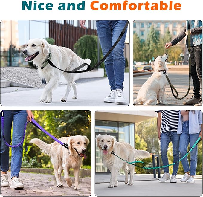 PetBonus Heavy Duty Tactical Dog Leash, 5 FT Bungee Shock Absorption Leash with 2 Padded Handles, Quick Release Metal Clip, Car Seatbelt, No Pull Training Lead for Large Medium Dogs(Turquoise)