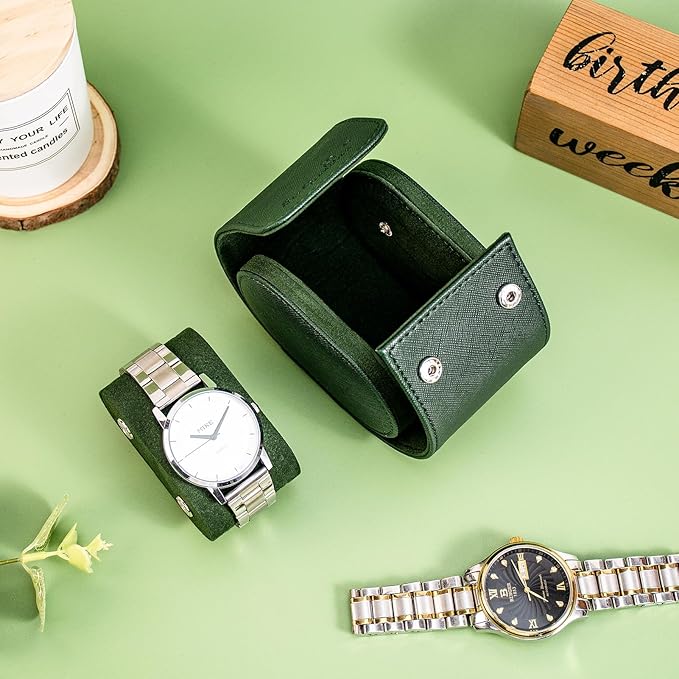 SANQIANWAN Single Travel Storage Watch Roll Portable PU Leather Watch Case Box for Men with Button Style Removable Watch Pillow Watch Display Roll (Dark Green)