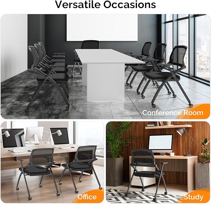VINGLI 8 Pack Stackable Conference Room Chairs with Wheels, Folding Office Chair with Rebound Back, Padded Seat for Training Room, Guest, Reception, Event, Capacity 350lbs, Black