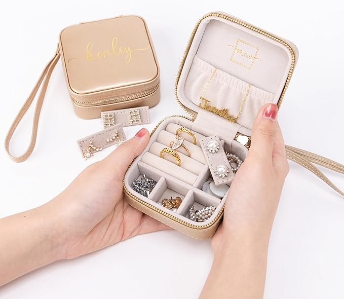 Angelina's Palace Personalized Jewelry Case with Name Engraved,Custom Leather Travel Jewelry Organizer Box for Rings,Earrings,Necklaces,Birthday Bridesmaid Gift For Women