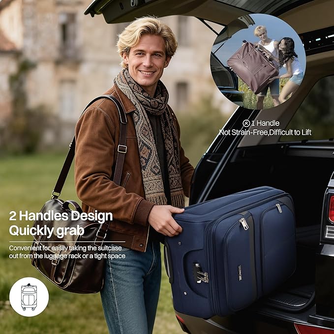2-Piece Set Front Opening,Softside Luggage Sets w/Double Spinner Wheels Expandable Luggage,Lightweight Travel Luggage Rolling Suitcase w/LOCK(Navy-Grey,20in/28in)