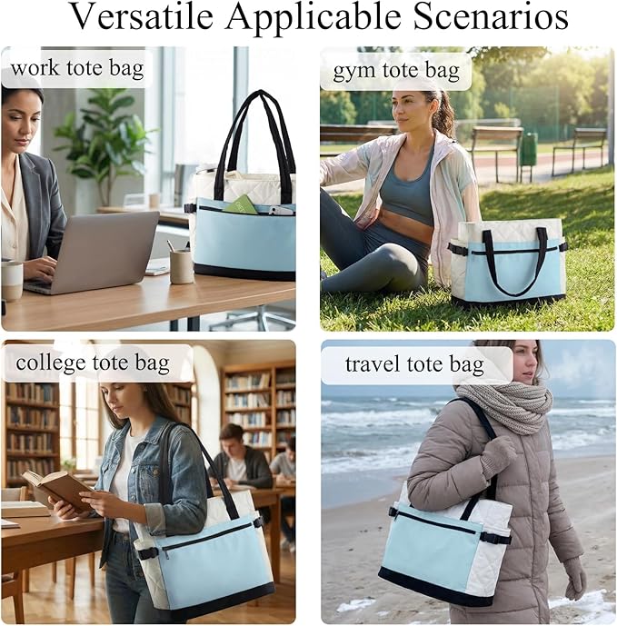 Puffer Tote Bag for Women, Work Bag with Cup Holder, Teacher Bag with Compartments, Quilted Tote Bag with Zipper for Travel
