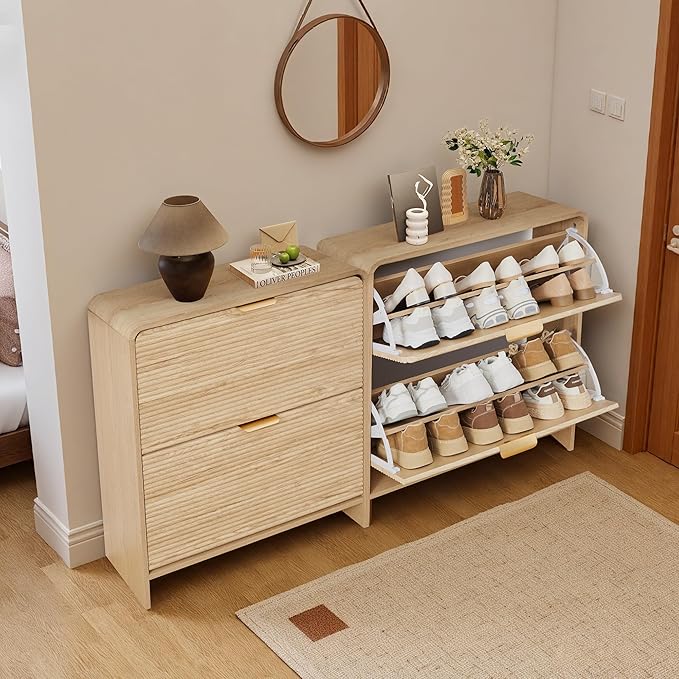 RARZOE Set of 2 Fluted Shoe Storage Cabinets for Entryway, Narrow Curved Shoe Cabinet with 2 Flip Drawers, Wood Hidden Shoe Organizer Closed Shoe Rack Cabinet for Foyer,Hallway (29.5''Natural)