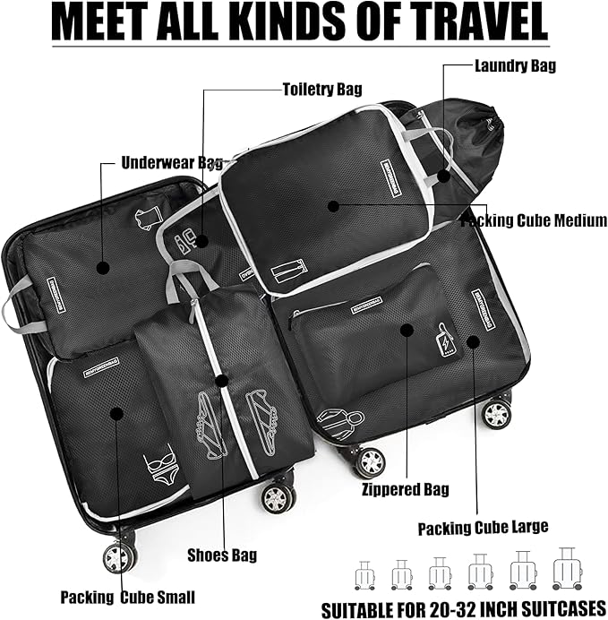 8 Set Expandable Compression Packing Cubes for Suitcases Travel Essentials Carry On Waterproof Storage Bag With Dry And Wet Separation Black