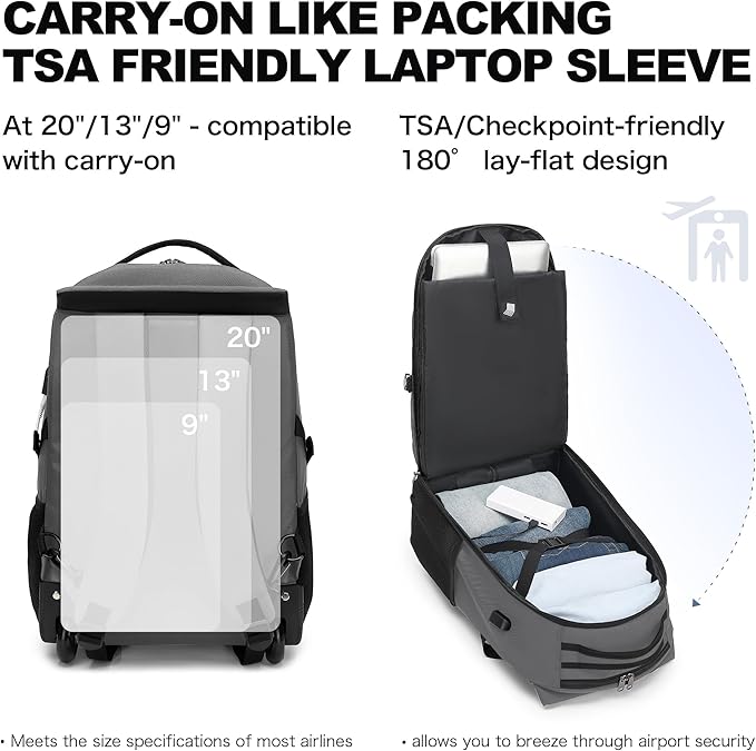 Boavan Rolling Backpack,17 inch Water Resistant Wheeled Backpack,Carry on Luggage Business Bag, Overnight College Computer bag Trolley Suitcase for Men Women Adults to Travel,Grey