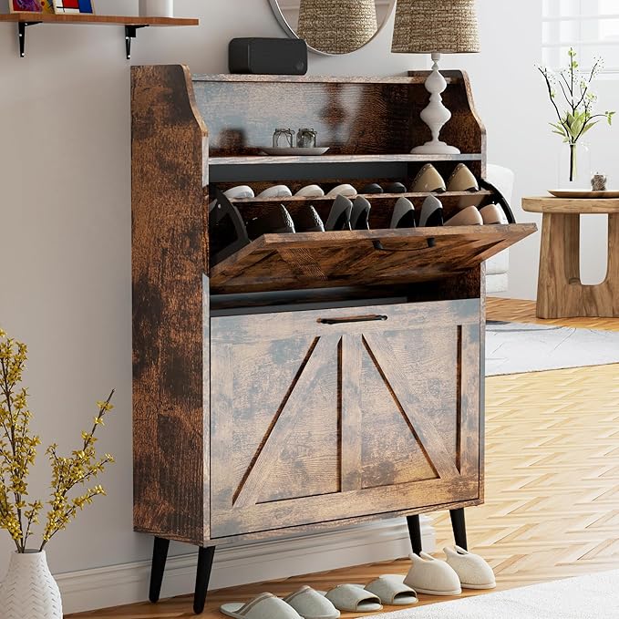 Shoe Cabinet for Entryway, Shoe Organizer Cabinet Slim 9.35", Flip Drawer Shoe Rack with Top Shelf, Narrow Wood Shoe Storage for 34 Pairs, Modern Rustic Entryway Furniture