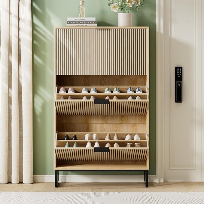 Shoe Cabinet Storage with 3 Flip Drawers, Shoe Organizer Cabinet for Entryway Slim, Modern Freestanding Hidden Shoe Rack Organizer Shoe Cupboard for Hallway, Natural Wood