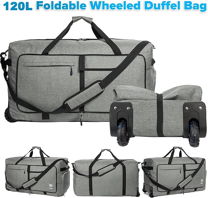 Bago Rolling Duffle Bag with Wheels - 31" 120L Foldable Weekender Bag, Waterproof Travel Duffel Bag, Heavy Duty Lightweight Duffle Bag for Traveling, Rolling Duffel Bag with Wheels (SnowGray0023)