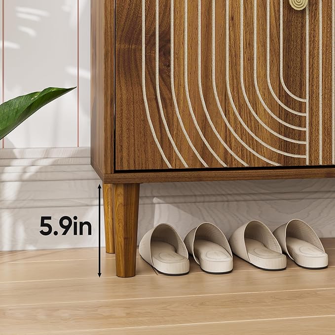 Spaco Walnut Shoe Cabinet with 2 Flip Drawers for Entryway,Narrow Shoe Storage Cabinet with Wood Leg,Freestanding Slim Shoe Organizer for Entryway, Hallway