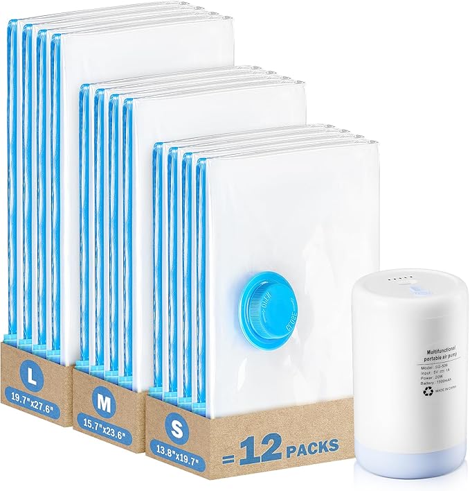 Vacuum Storage Bags with USB Electric Pump, 12 Pack Vacuum Seal Bags for Clothing Travel(4 Large/4 Medium/4 Small), Portable Space Saver Bag for Travel Luggage, Blankets