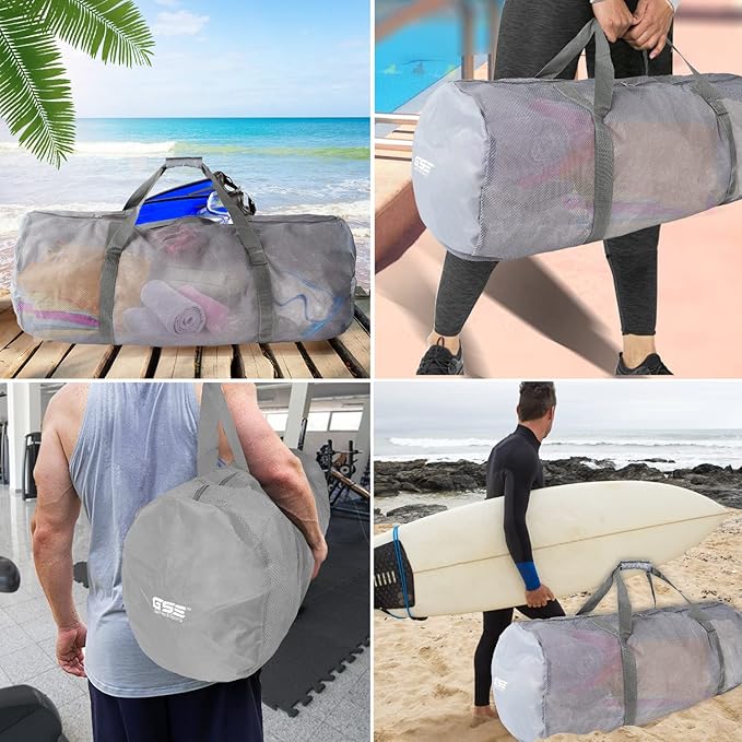Grey Heavy-Duty Large Mesh Sports Duffle Bag, Dry Bag, Diving Equipment Scuba Bag with Zipper. Great for Gym Workout, Sport Balls Storage, Scuba Gear, Snorkeling, Water Sports and Travel