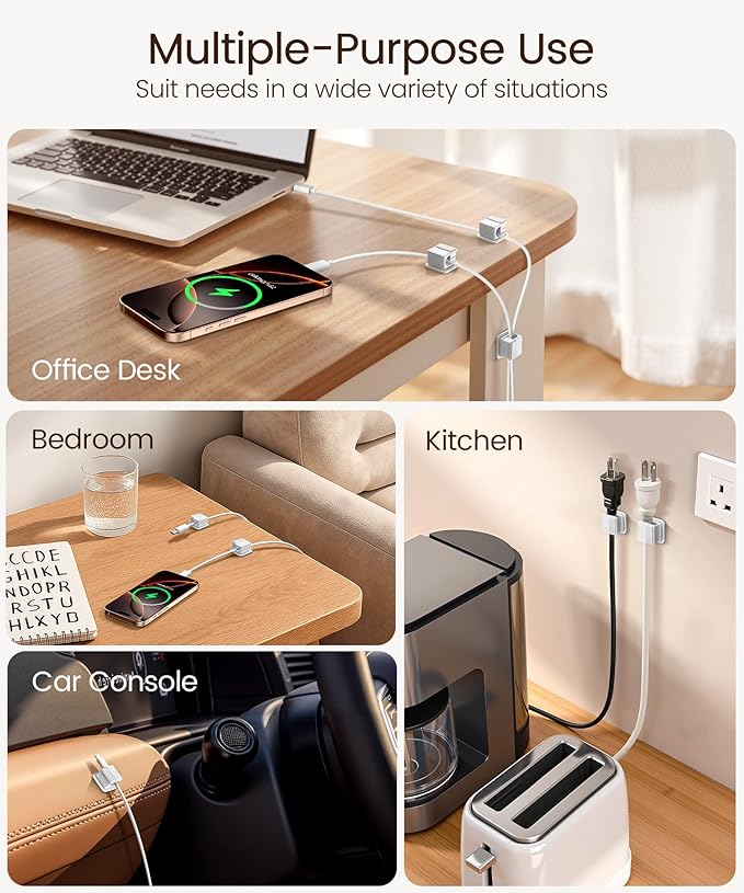 6 Pack Magnetic Cable Clips, Glow in The Dark Cable Holders, GolbinBox Cord Organizer with Shockproof Silicone, Fits up to 8mm Adhesive Cord Clips for Desk, Wall, Nightstand, Car, Home, Office, White