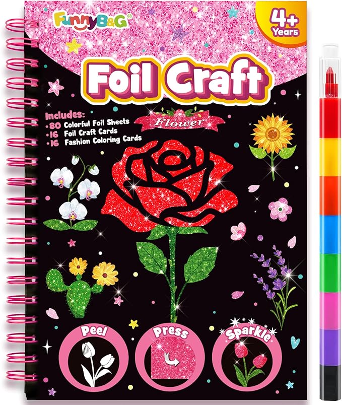 FUNNYB&G Foil Art Craft for Kids - Crafts Gift Party Favors Stocking Stuffers for Kids Art Supplies Creative Birthday Gift Travel Toys for Girls Boys 4 5 6 7 8 9 Years Old (Flower)